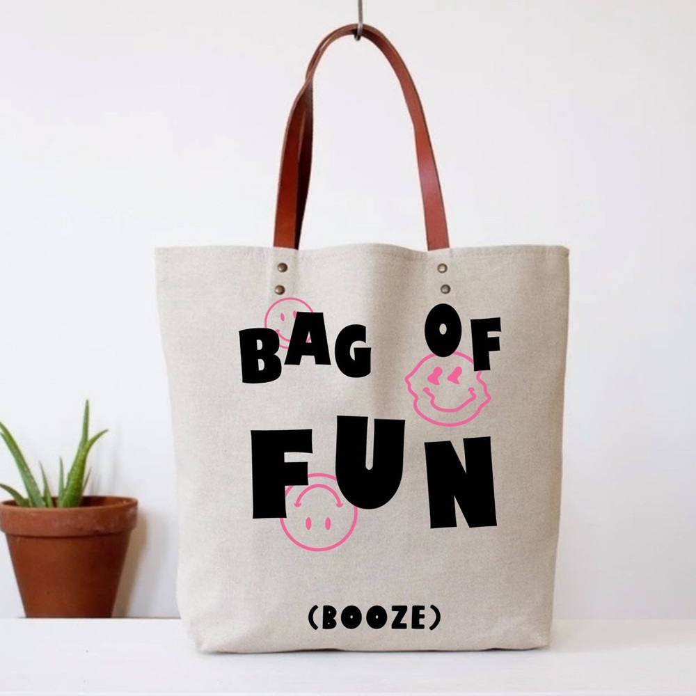 Tote Bag, Faux Leather Handle, NWT | Bag of Fun (Booze), Gift item, Funny